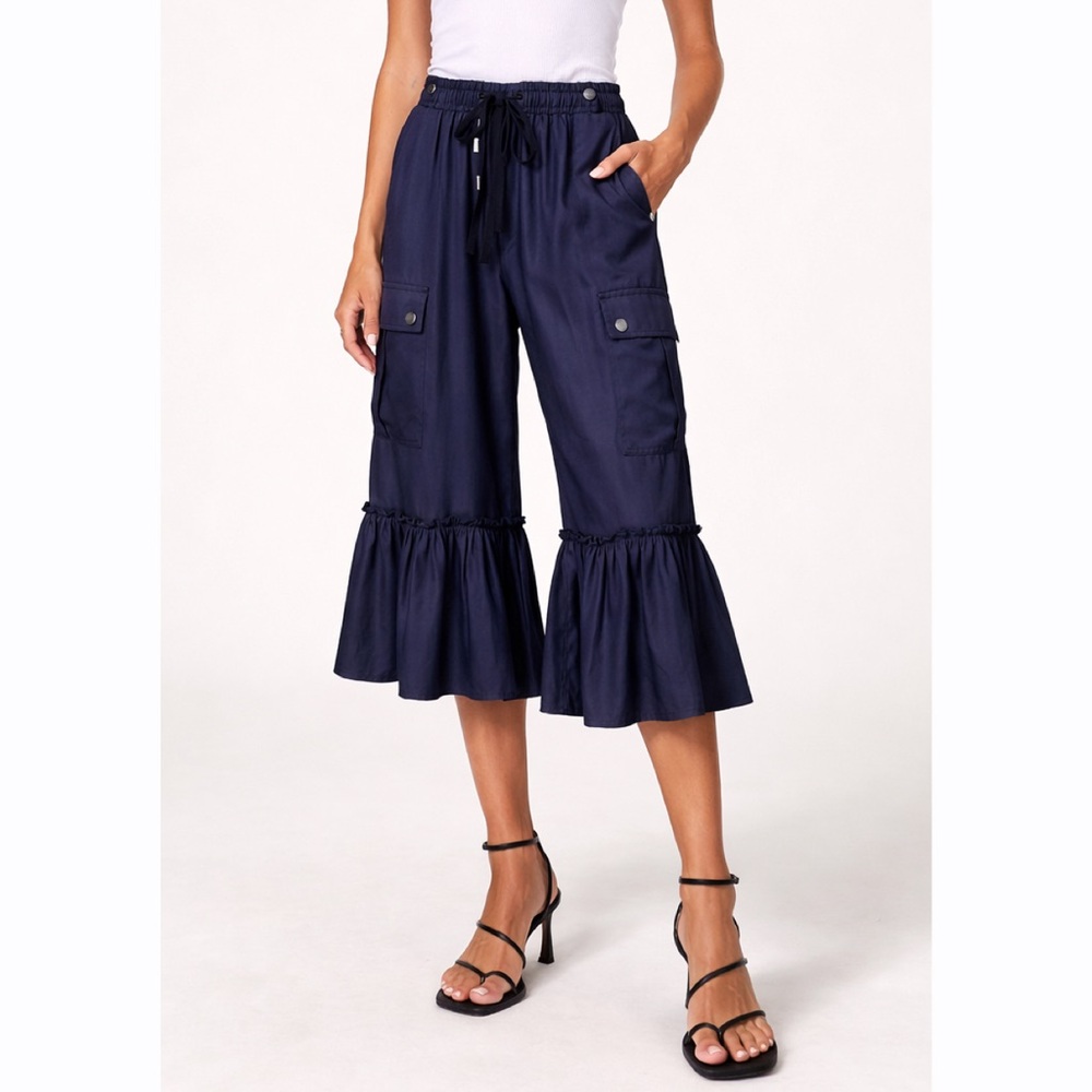 Cinq a Sept Priscilla Wide Leg Ruffle Hem Cargo Navy Blue Pants Women’s Medium